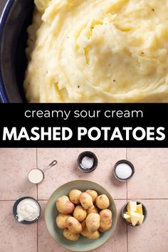 mashed potatoes in a bowl with cream and butter on the side next to them