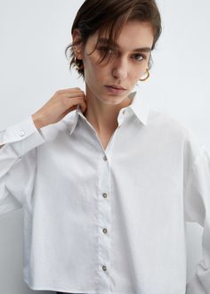 Cropped cotton shirt - Woman | MANGO USA Collared Office Shirt With Placket, Office Shirt With Collared Placket, Collared Shirt With Placket For Office, Elegant Oversized Cotton Shirt, Daywear Collared Shirt With Button Cuffs, Daywear Shirt With Button Cuffs And Fold Down Collar, Relaxed Fit Collared Office Shirt, Oversized Cotton Blouse With Buttons, Collared Shirt With Covered Buttons For Work