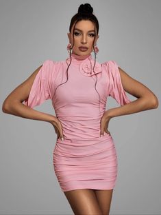 Step into warm season with our Arwen 3D Flowers Draped Shoulders Mini Dress! This mini ruched dress in light pink features a chic turtleneck and unique draped shoulders. The playful addition of a 3D flower on the side of the neck adds a touch of whimsy to this fresh and flirty dress. Be A Baddie, Dress With Side Cutouts, Baddie Dresses, Womens Trendy Dresses, Addicted To You, Flirty Dresses, Rhinestone Dress, Beach Ready, Famous Designers