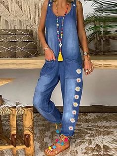 Denim Jumpsuit for Women Overall Pocket Print Floral U Neck Active Vacation Weekend Cargo Loose Fit Sleeveless Dark Gray Light Blue S M L Summer Fall Cowgirl Jeans & Western Wear 2024 - $32.99 Loose Maxi Dress Summer, Fall Cowgirl, Jeans Western, Cowgirl Jeans, Jumpsuit For Women, Solid Color Shirt, Casual Jumpsuit, Overalls Women, Color Shirt