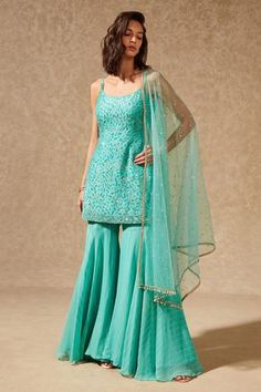 Shop for Chamme and Palak Blue Georgette Hand Embroidered Kurta Sharara Set for Women Online at Aza Fashions Georgette Kurta, Kurta Sharara Set, Flared Palazzo, Kurta Sharara, Tulle Embroidery, Silk Kurta, Sharara Set, Georgette Fabric, Silk Dupatta