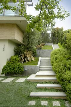 an outdoor garden with steps leading up to the top floor and grass on the ground