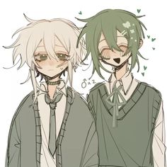 two anime boys with green hair and white eyes are standing side by side, one is wearing