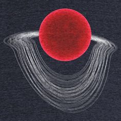 a red ball is floating in the air on top of some white lines and waves