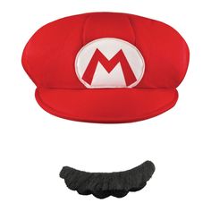 a red hat with a white m on the front and a black moustache