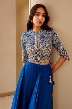 Shop for Osaa by Adarsh Blue Mulberry Silk Embroidered Top And Panel Lehenga Set for Women Online at Aza Fashions Fitted Blue Blouse Piece With Intricate Embroidery, Fitted Tops For Reception During Diwali, Blue Blouse With Zari Work For Reception, Blue Embroidered Blouse For Reception, Blue Raw Silk Blouse Piece For Reception, Blue Zari Work Top For Wedding, Blue Blouse With Intricate Embroidery In Traditional Drape, Blue Tops With Zari Work For Reception, Blue Embroidered Top For Reception