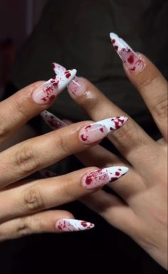 By @antajahdidthem Redrum Nails, Blood Splatter Nails, Blood Nails, Gel X Nail, Splatter Nails, Spooky Nails, Classy Halloween