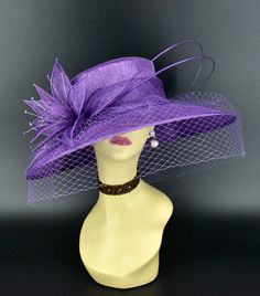 "✿*.Key Features.*✿ Sinamay petal flower with matching color beads and two quills, wide brim cover veil, very beautiful. Great for Kentucky derby, weddings, church, Easter, Royal Ascot, horse races, cocktails, tea party, or any hat wearing occasion. Hat base size: From front to back: 15.5\" (39.5 cm) From left to right: 17.5\" (44.5 cm) Wide brim Appr: 4-6\" Head girth: 22.5\"(57cm), adjustable string inside to make smaller to fit your head. If you want other colors in this style, just search th Luxury Purple Mini Hats For Wedding, Elegant Adjustable Hats With Bead Caps, Purple Wide Brim Hat For Races, Hats With Handmade Flowers And Curved Brim For Races, Curved Brim Hats With Handmade Flowers For Races, Flower-shaped Adjustable Hats For Races, Adjustable Flower Hat For Races, Elegant Flower-shaped Adjustable Costume Hat, Elegant Adjustable Flower Costume Hat