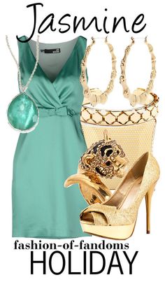 a fashion - conscious holiday wish list for jasmine, featuring an aqua green dress and gold accessories