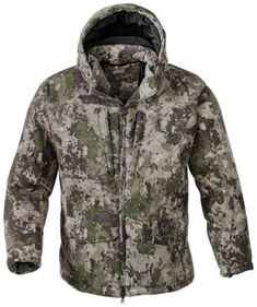 an image of a jacket that is camouflaged with the hood up and zippers down