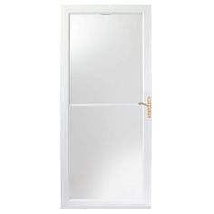 a white door with a mirror on the top and bottom paneled in glass, against a