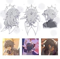 four different views of anime character's hair and headgear in various poses