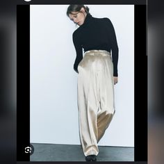 Zara Champagne Satiny High Rise Wide Leg Pleated Trouser Pants Elegant Zara High-waisted Wide Leg Pants, Zara Luxury High-waisted Pants, Beige Zara High-waist Wide Leg Pants, Zara Neutral High-waisted Pants, Luxury Zara Ankle-length Pants, Zara Gold, Zara Pants, Cream And Gold, Trouser Pants