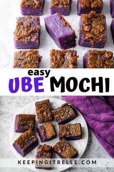 purple desserts on a plate with the words easy ube mochi