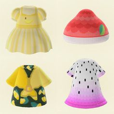 four different types of hats are shown in this image, including one wearing a dress and the other with a hat on it