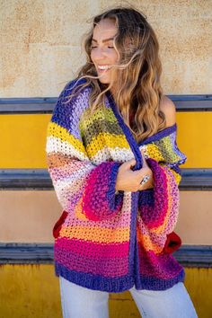 Wrapped up in Color Knit Cardigan - Rainbow | Three Bird Nest Crochet Baby Cardigan Pattern, Wide Leg Overalls, Ruana Wrap, Unique Cardigan, Crochet Cardigan Pattern Free, Baby Cardigan Pattern, Three Bird Nest, Crochet Baby Cardigan, Easy Crochet Baby