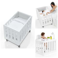 there is a baby laying in a crib next to a woman and a child