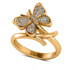 a gold ring with diamonds in the shape of a butterfly