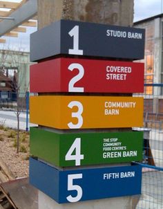 a stack of colorful signs sitting on the side of a road next to a building