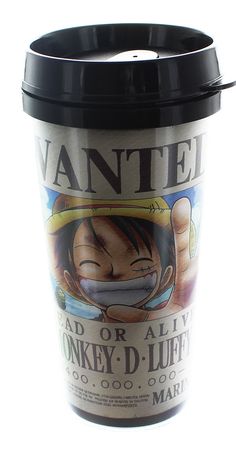 a coffee cup with the image of a cartoon character on it's front and side