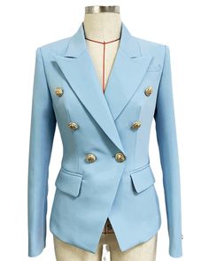 Betty Light Blue Double Breasted Blazer - ALLARA White Blazer Women, Womens Blazer Coat, Light Pink Blazers, Female Jacket, Blazer Bleu, Black White Blazer, Button Outfit, Blazer Women, Office Outfits Women