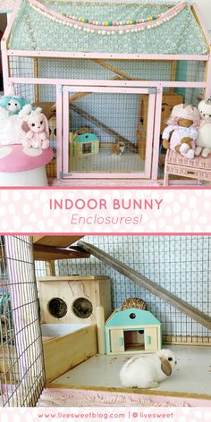 the inside and outside of an indoor bunny house with stuffed animals in it's cage