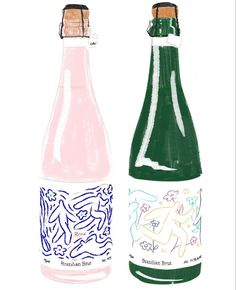 two bottles with different designs on them, one is pink and the other is green