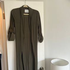 Gorgeous Never Worn Aritzia Robe Jacket Made Of 100% Silk. Olive Green. Fitted Long Green Outerwear, Olive Fitted Long Sleeve Outerwear, Fitted Olive Long Sleeve Outerwear, Khaki Long Sleeve Outerwear, Long Sleeve Outerwear For Brunch In Fall, Fitted Long Blazer For Spring, Olive Long-sleeved Blazer For Spring, Chic Fitted Olive Outerwear, Olive Long Sleeve Blazer For Spring