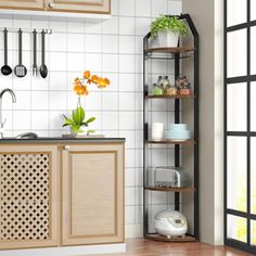 a kitchen with wooden cabinets and white tile on the walls, along with potted plants