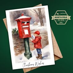 a christmas card with a little boy looking at a mailbox