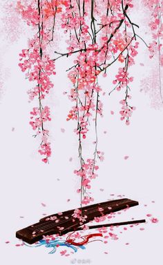 a painting of a boat under a tree with pink flowers on it's branches