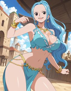 an anime character with blue hair and gold bracelets on her chest, posing for the camera