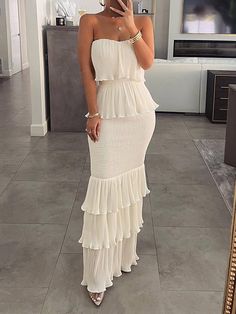 Bodycon Sleeveless Elasticity Pleated Split-Joint Tube Maxi Dresses ORANGE-S All White Outfit Women, Ruffle Long Skirt, Celana Kargo, Dresses Orange, Stylish Maxi Dress, Tube Maxi Dresses, Maxi Dress Red, Pregnancy Fashion, Maxi Dress Collection