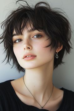 Short Hairstyles For Women Over 50 With Fine Wavy Hair, Shaggy Medium Hair With Bangs Round Face, Short Haircut For Women With Bangs, Short Choppy Haircuts With Bangs, Shaggy Short Bob With Bangs, Pixie Cut Curtain Bangs, Fluffy Haircuts For Women, Short Womens Hair, Short Japanese Haircut