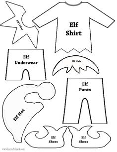 paper doll clothes with the words elf shirt and pants