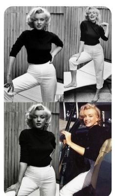 four photos of marilyn monroe posing in white pants and black top with her hands on her hips