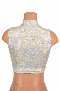 "This item is made to order, please read all the way through the listing before purchasing! This crop top is made from four way stretch lycra spandex in Silver on white shattered glass fabric. Silver on white shattered glass fabric also accents around the middle opening, neckline, and hemline. It features a keyhole design in front, with a high back, and fits like a glove! TOP LENGTH: Underarm to hemline measures 8\" Womens Sizing (See below for instructions on where measurements should be taken) Fitted Crop Top Vest For Party, Fitted Sleeveless Disco Top, Sleeveless Silver Crop Top For Club, Glamorous Silver Sleeveless Halter Top, Silver Sequined Crop Top For Club, Glove Top, Glamorous Silver Cropped Top, Holographic Crop Top, Shattered Glass