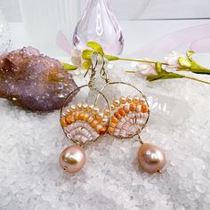 Hand wrapped peach Shell & Baroque pearl earrings Gemstone Hoop Earrings, Gold Filled Hoops, Hammered Gold, Organza Ribbon, Pearl Hoop Earrings, Spiny Oyster, Hand Wrap, Baroque Pearls, Freshwater Pearls