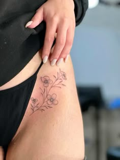 Right Hip Tattoo, Above Hip Bone Tattoo, Fine Line Flower Hip Tattoo, Hip Tattoo Fine Line, Hip Fine Line Tattoo, Fine Line Tattoo Hip, Cherry Blossom Tattoo Hip, Flower Tattoo On Hip, Small Side Hip Tattoos