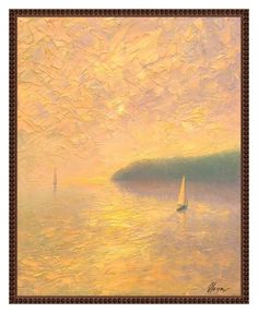 a painting of a sailboat on the water at sunset with clouds in the sky