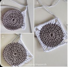 four pictures showing how to crochet a square with two circles on each side