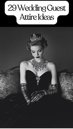 Elegant woman in formal attire with a tiara and gloves, highlighting wedding guest fashion inspiration.