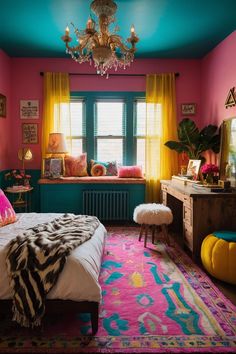 a bedroom with pink walls, blue ceiling and colorful rugs on the floor in front of a bed