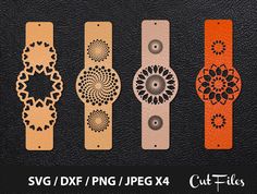 four different types of wooden watch faces with the words svg dxf / png / pex4 cut files