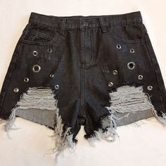 Nwot Emory Park High Wasted Destroyed Front Jean Shorts. Size L. Lying Flat And Measuring From Back Waste Is Approx 14". Rise Approx 12". Destroyed Front With Ragged Edges Around Legs. O Ring Riveted Designs On Both Fro T Sides. Slide In Front, Coin, And Back Pockets. Zipper And Single Button Closure. (5-15-Y2) Washed Black Distressed Grunge Shorts, Distressed High-waist Grunge Shorts, Mid-rise Washed Black Shorts With Pockets, Mid-rise Distressed Black Jean Shorts, High-waisted Distressed Washed Black Jean Shorts, Slide In, O Ring, Jean Shorts, Coin