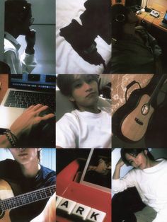 a collage of photos with one man holding a guitar and the other playing a laptop