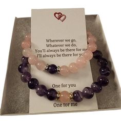 Matching set of gemstone bracelets for couples, friends, or family Remind yourself of the special relationships you have with those that you adore with these couples/distance bracelets. Each set comes in a complimentary gift box with a note that reads: "Wherever we go, Whatever we do, You'll always be there for me I'll always be there for you. One for you One for me" Perfect for gift giving ; Christmas, Valentine's day, Birthday, long distance relationships or just friendships Purple Dream Lace Amethyst and Pink Rose Quartz  Bracelets are made with high quality, AAA grade genuine natural semi-precious 8mm gemstones and include a magnetic clasp to attach to one another.  (Your choice of silver or gold settings) Available in several sizes.  To determine your size, measure your wrist with a f Amethyst 8mm Beads Jewelry Gift, Spiritual Jewelry With 8mm Beads For Birthday Gift, Spiritual 8mm Beads Jewelry For Birthday Gift, Purple Birthstone Beaded Bracelets As Gift, Purple Birthstone Beaded Bracelets For Gift, Purple Beaded Birthstone Bracelets As Gift, Purple Beaded Birthstone Bracelets For Gift, Purple Natural Stones Bracelet As Gift, Purple Natural Stones Bracelet For Gift