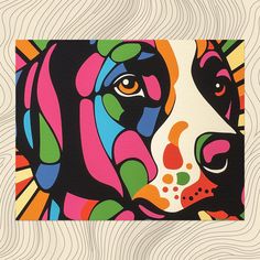 a colorful painting of a dog's face on a piece of paper with wavy lines in the background