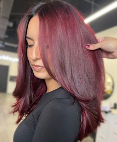 CHERRY COLA✨ Remember this babe? This was her second session from black box color to red. There’s still some banding on the bottom from… | Instagram Bottom Red Hair, Icy Hair Color, Cherry Cola Red Hair, Ruby Red Hair Color, Ruby Red Hair, Cola Hair, Underdye Hair, Icy Hair, Cherry Cola Hair