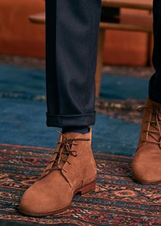 Suits | Menswear | Octobre Editions Mens Suede Boots, Parisian Studio, Suede Oxfords, Mens Fashion Smart, Men’s Boots, Brown Suits, Suede Leather Boots, Blue Khakis, Desert Boots